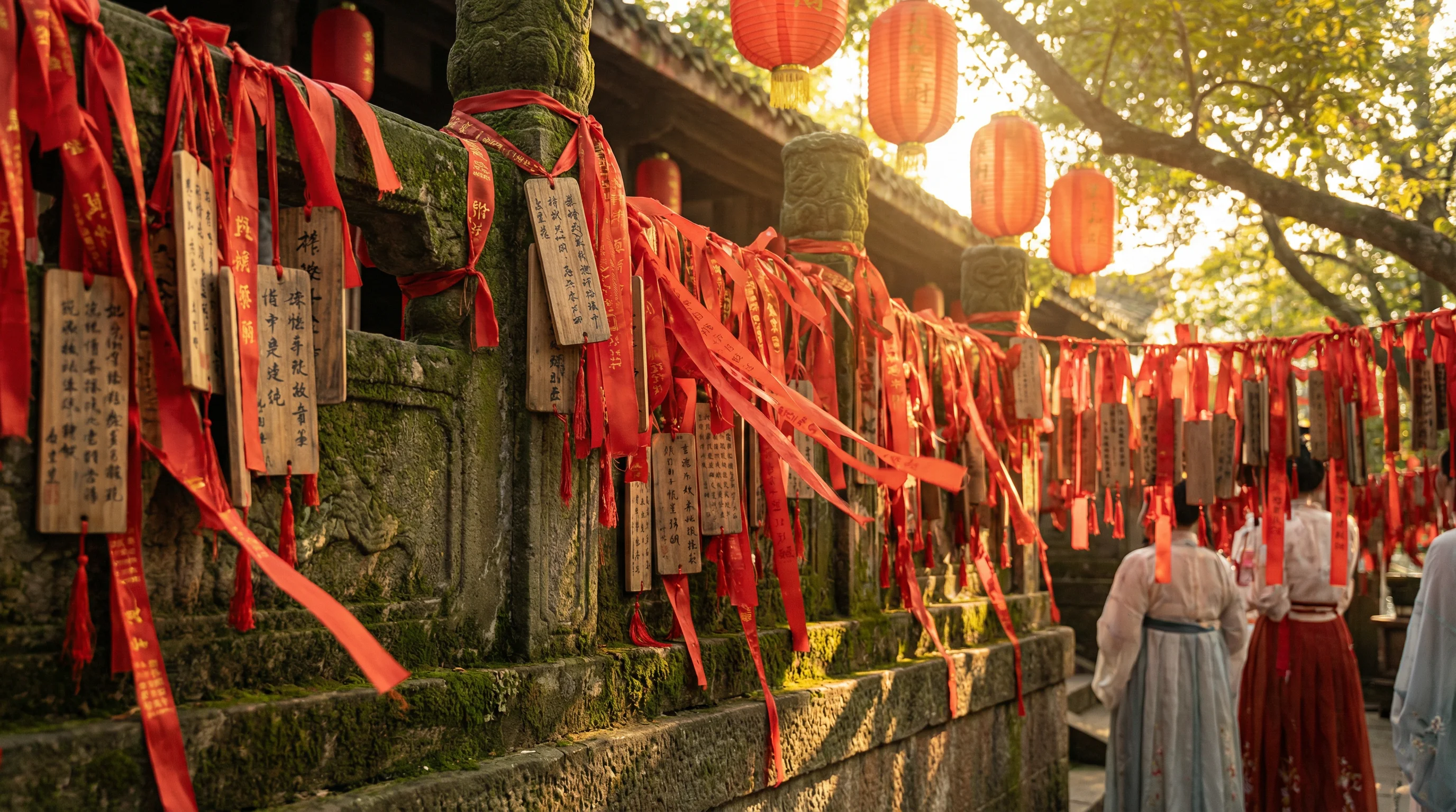 挂满祈福牌的红色墙壁